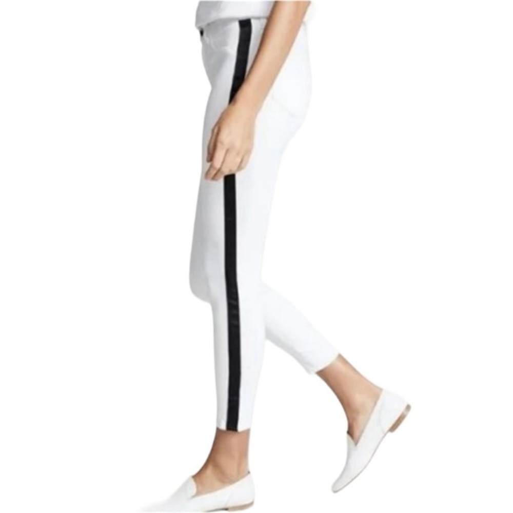 L’AGENCE WHITE STRETCH PANTS BLACK VELVET STRIPE ANKLE CROP PANTS 25